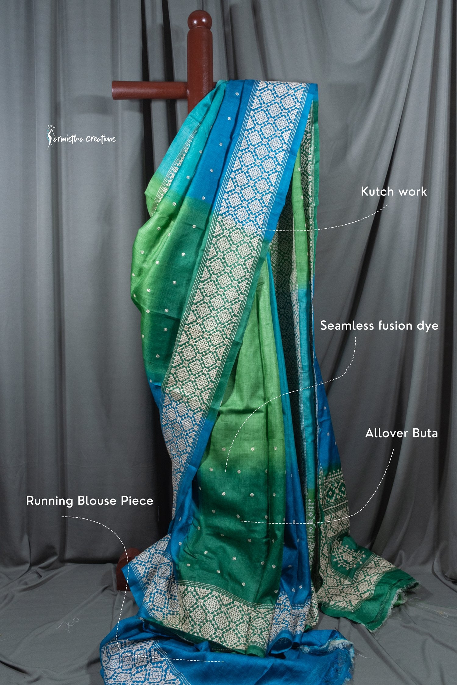 Teal and Green Tussar Kutchwork Saree ptkw-005 image 0