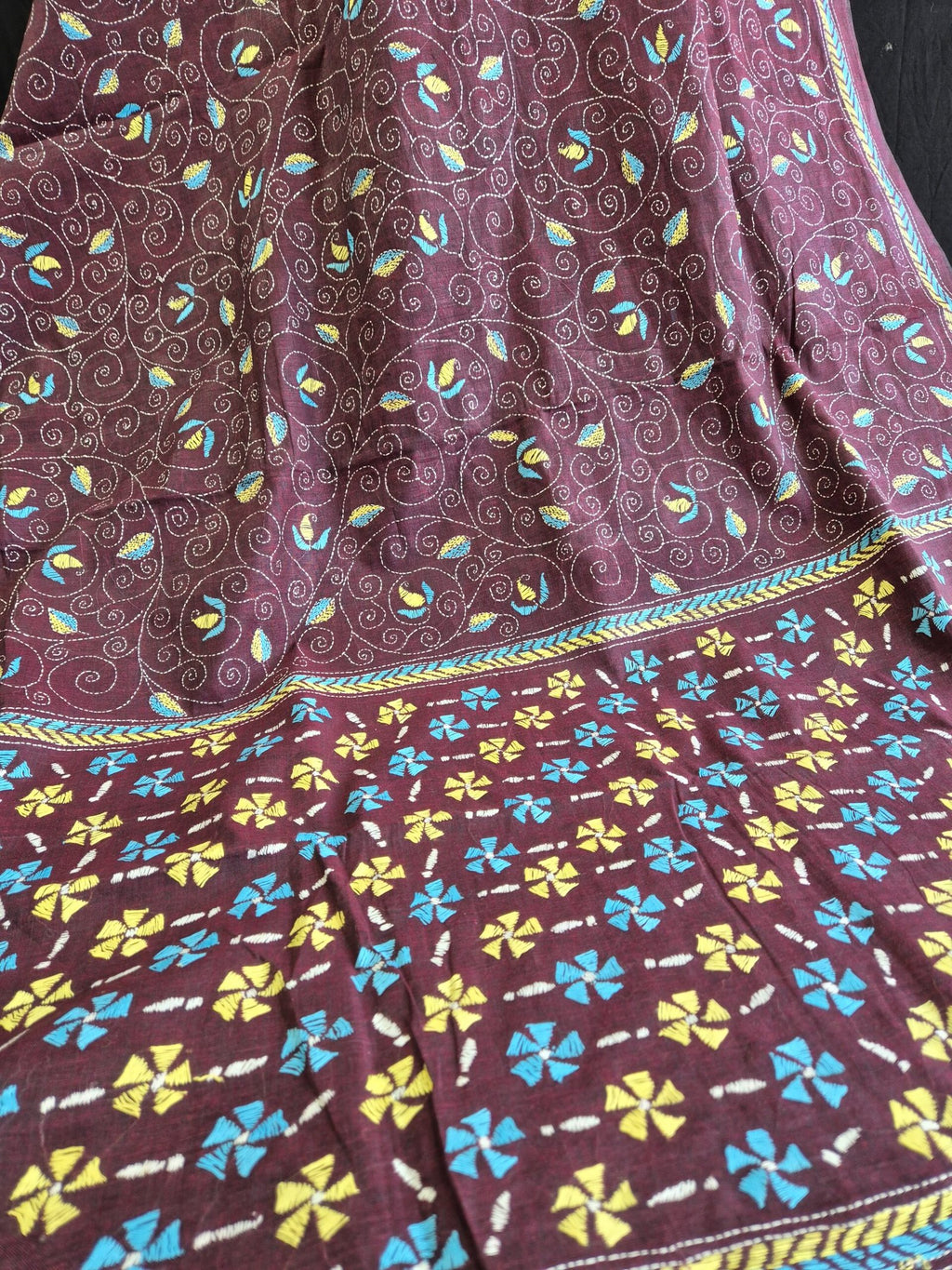 Kantha Stitch on Wine Dhonekhali Cotton Saree image 3