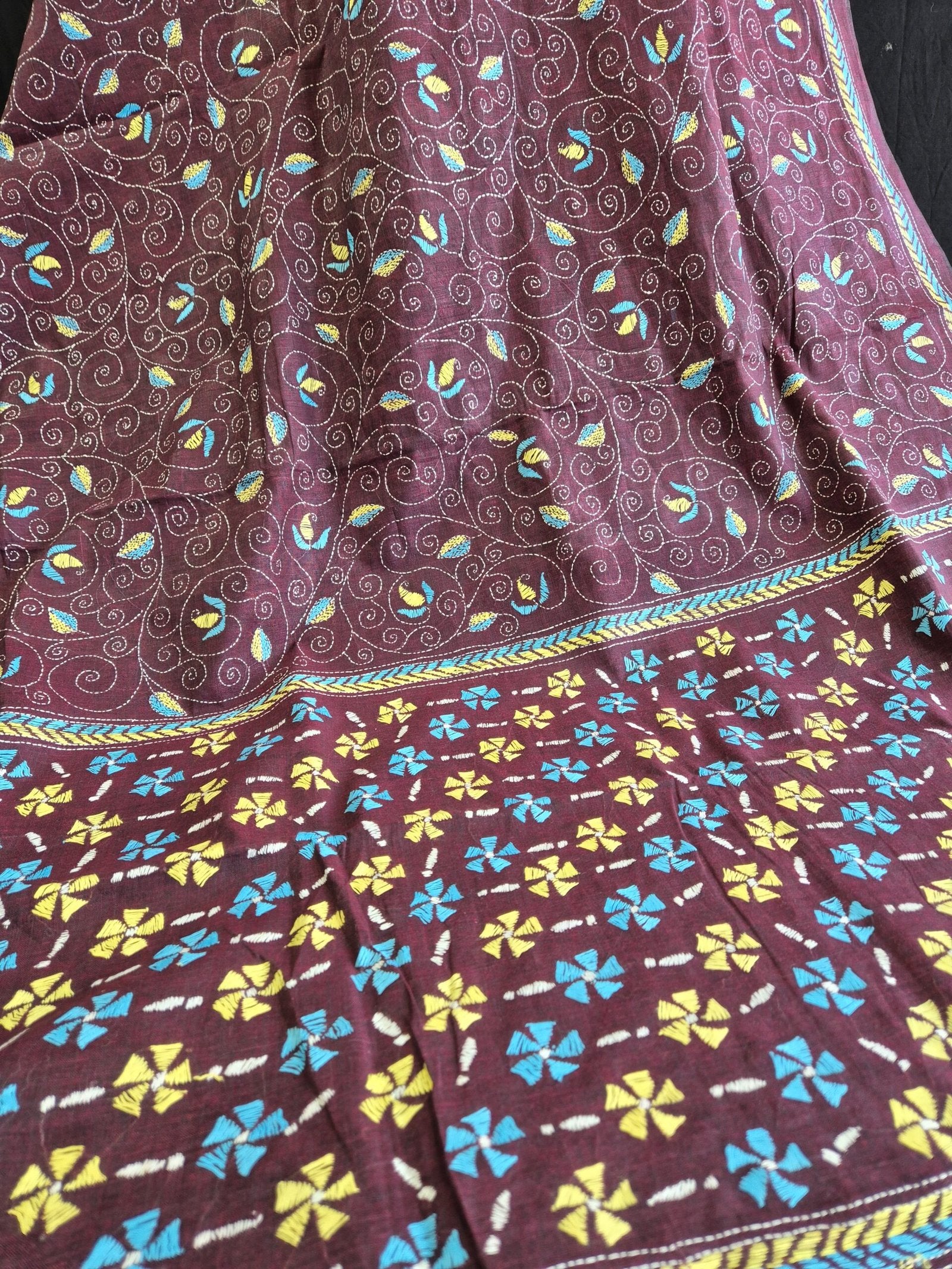 Kantha Stitch on Wine Dhonekhali Cotton Saree image 3
