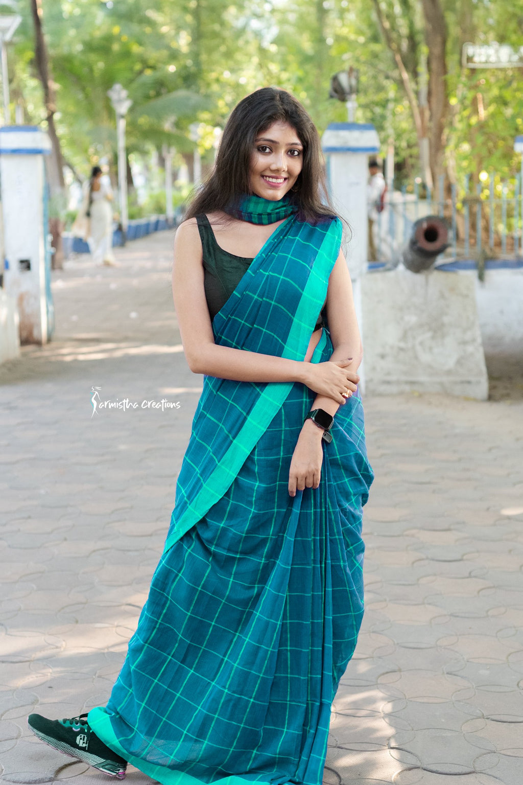 Handloom Cotton Saree Forest Green with Checks image 0
