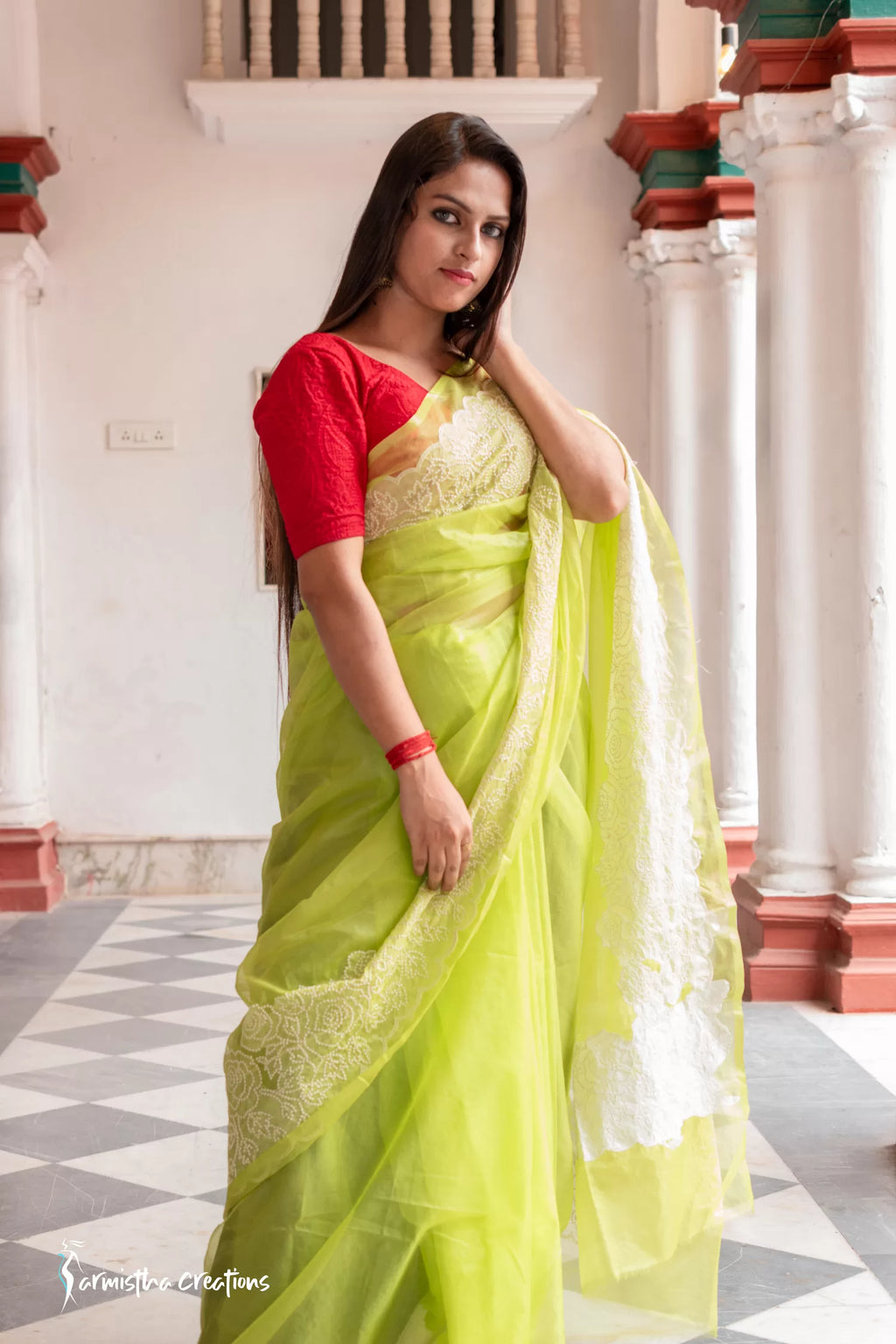 Organza Silk Saree with Embroidery work (Fluorescent Green) image 4