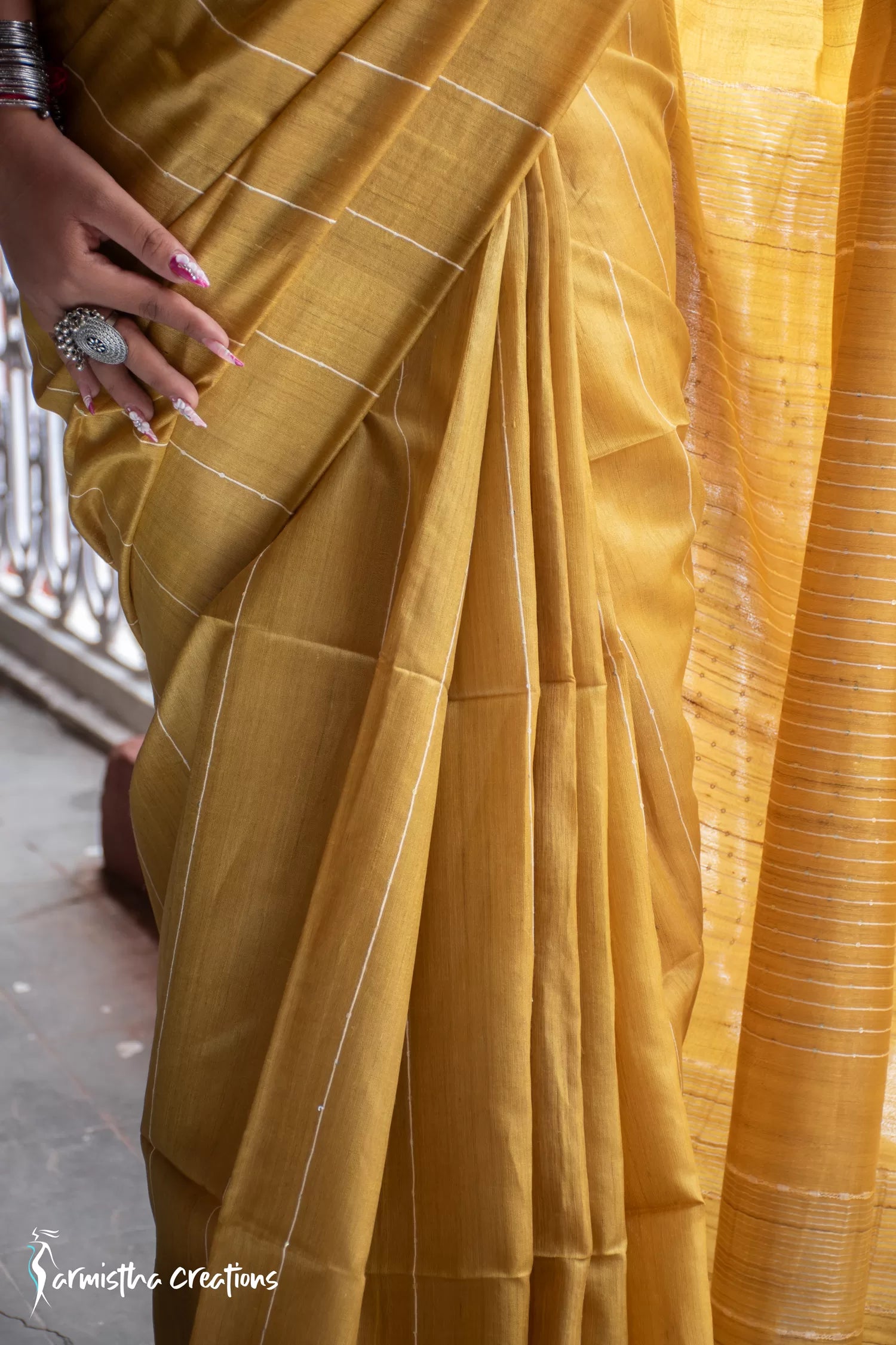Pure Desi Tussar Silk Saree With Sequin Work (Mustard Yellow) image 4