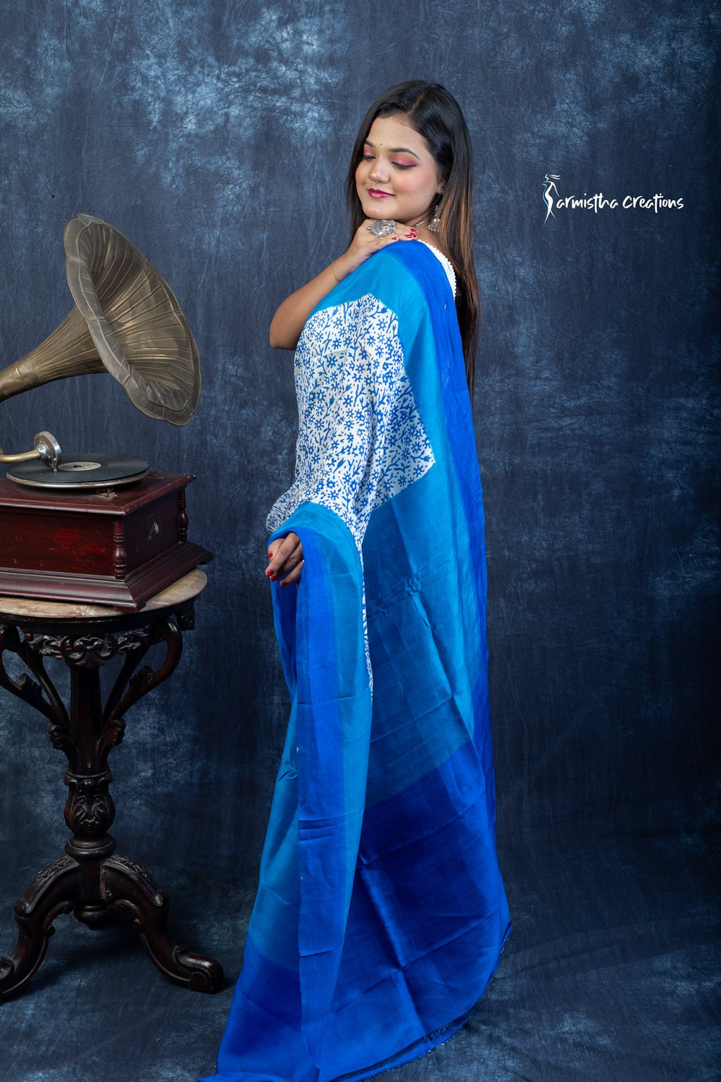 Azure Bloom &amp; Midnight Tide - Hand-block Printed Murshidabad Silk Saree | hbpms-029 image 4