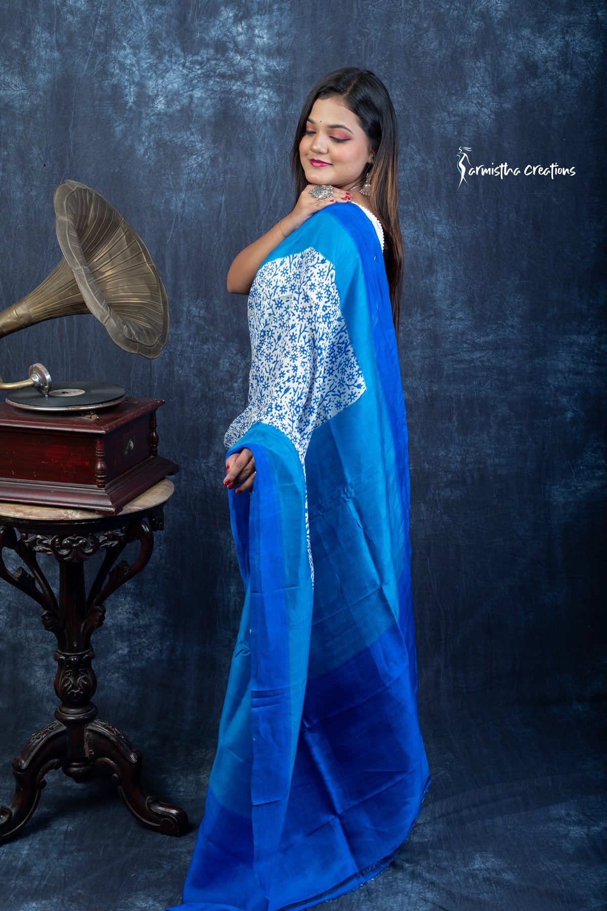 Azure Bloom &amp; Midnight Tide - Hand-block Printed Murshidabad Silk Saree | hbpms-029 image 4