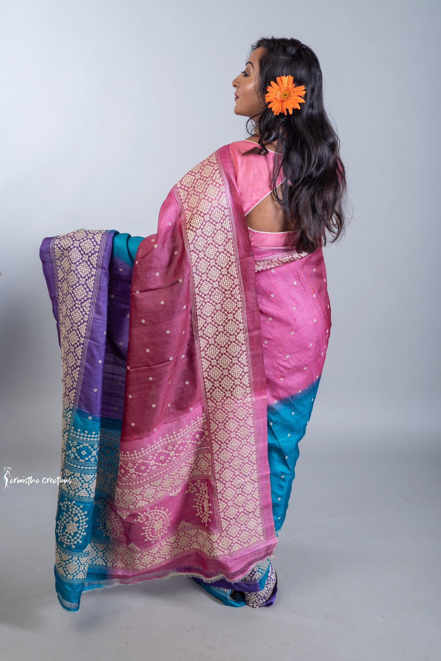 Multicoloured Tussar Kutchwork Saree ptkw-007 image 3