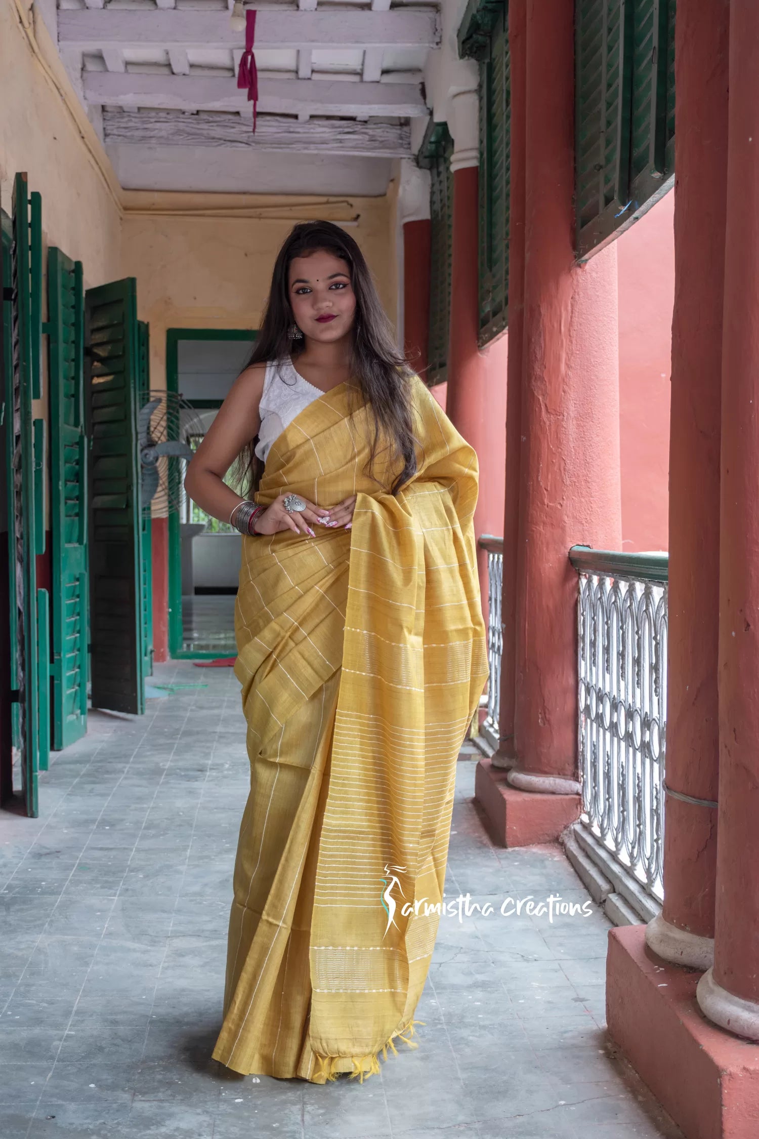 Pure Desi Tussar Silk Saree With Sequin Work (Mustard Yellow) image 1