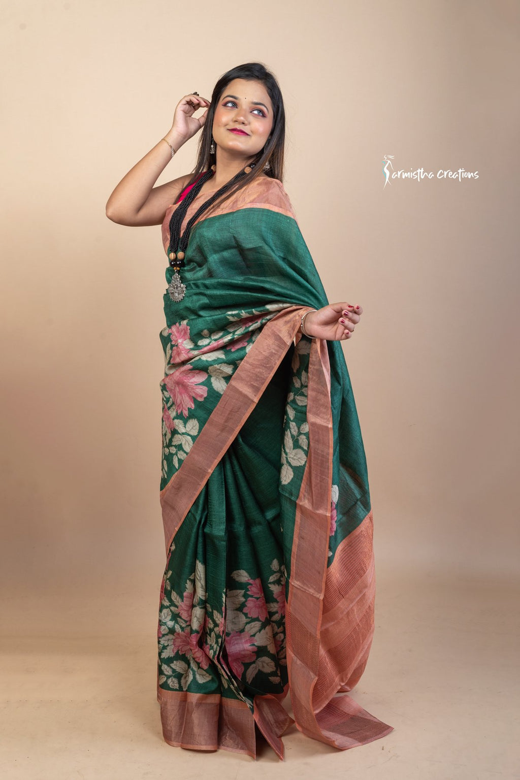 Forest Bloom – Zari Border Tussar Saree with Hand Block Prints | dtzbhbp-091 image 5