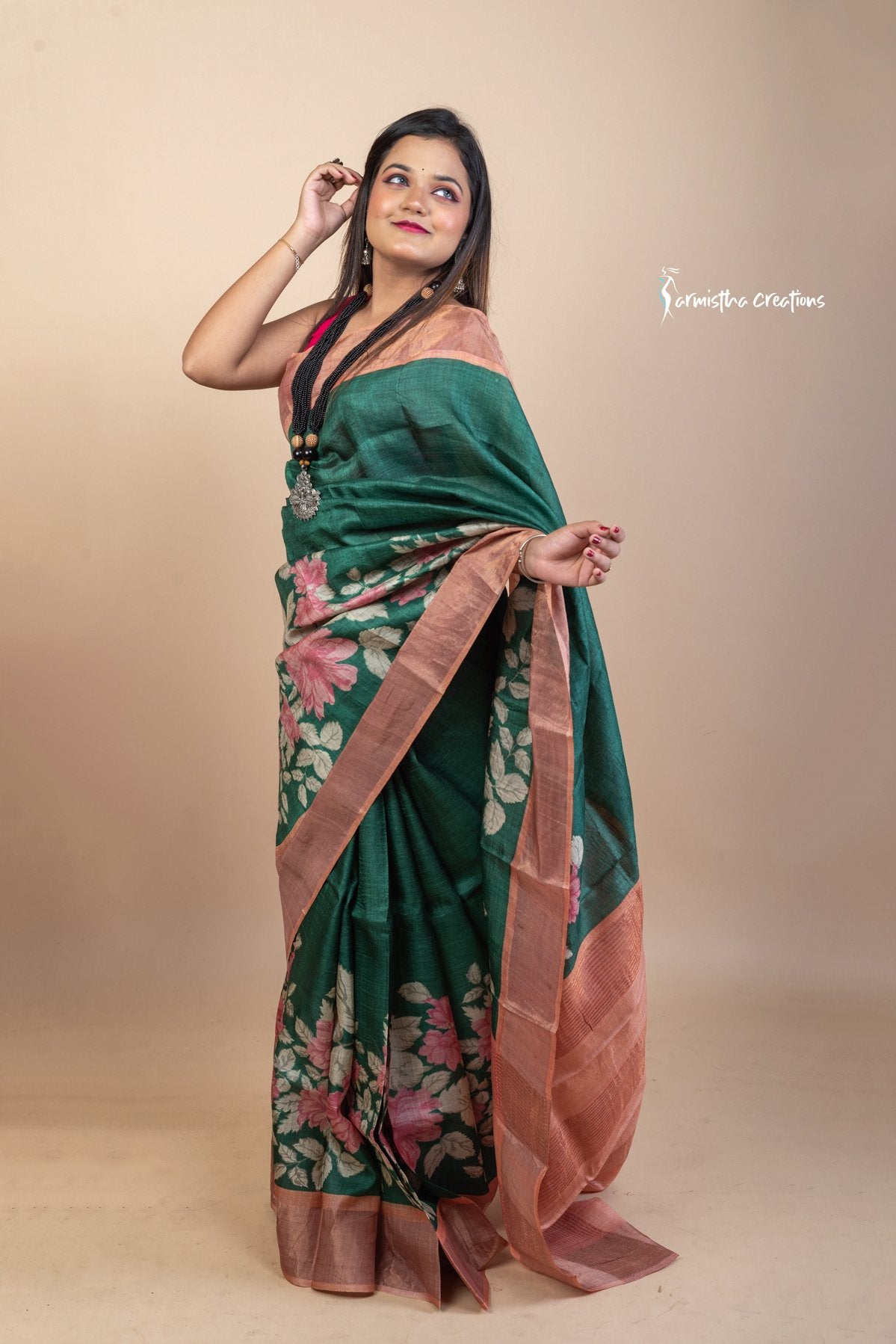 Forest Bloom – Zari Border Tussar Saree with Hand Block Prints | dtzbhbp-091 image 5