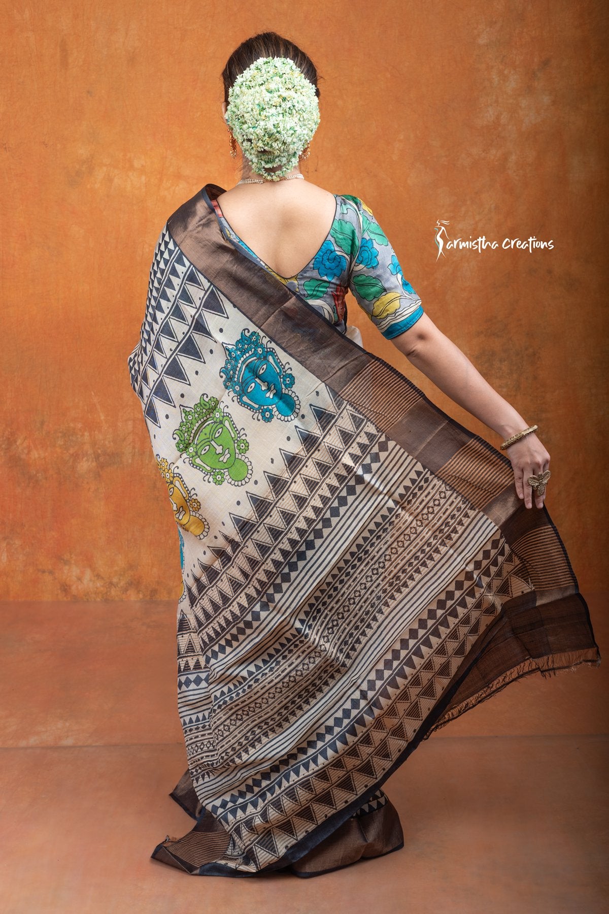 Zari Border Pure Tussar Silk Saree With Hand-Block Printing | dtzbhbp-037 image 3