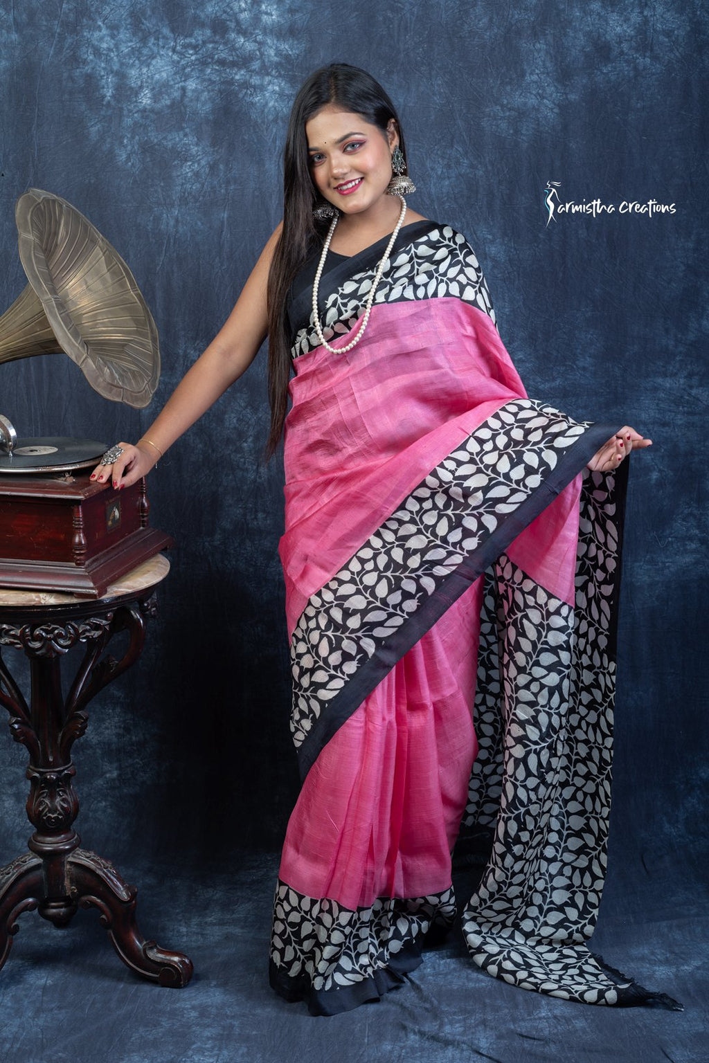 Midnight Blossom – Hand Block Printed Murshidabad Silk Saree | hbpms-030 image 1