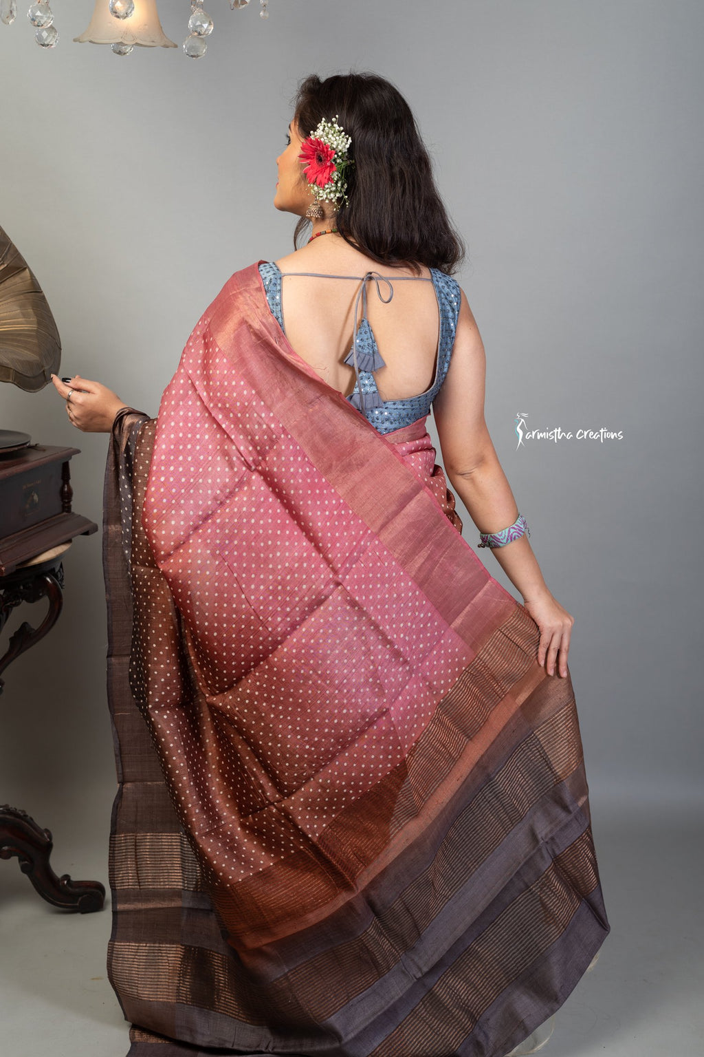 Zari Border Pure Desi Tussar Silk Saree With Hand-Block Printing dtzbhbp-049 image 3