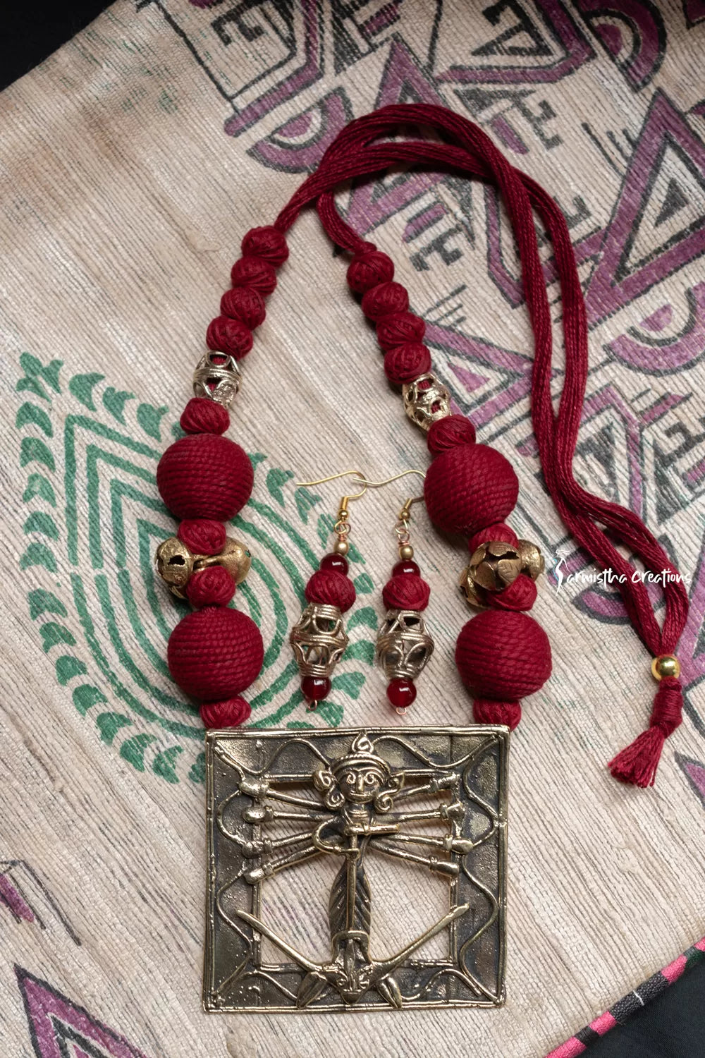 Hand-Made Dokra Durga Necklace (Square, Maroon) image 0