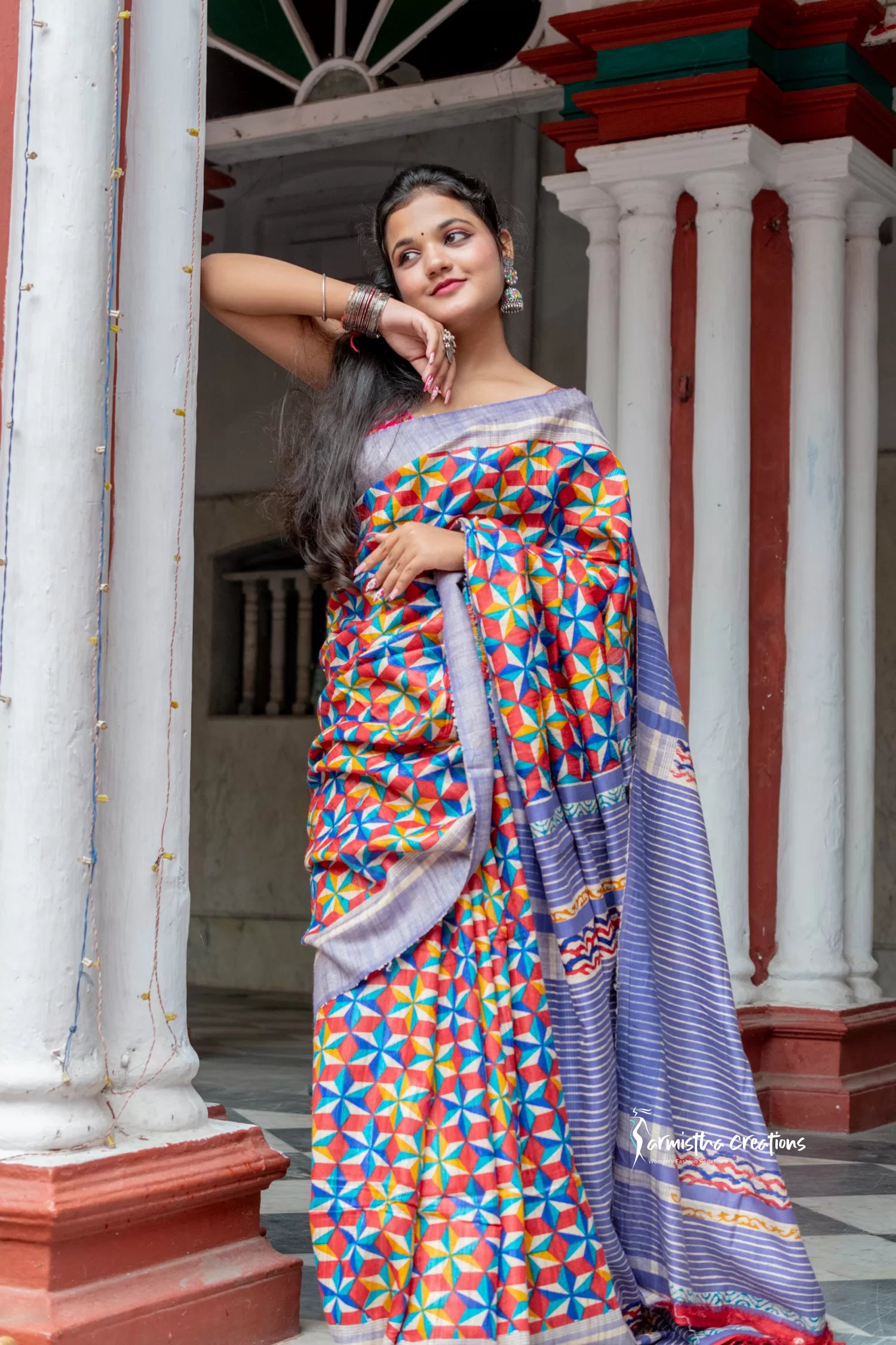 Ghicha Tussar Silk Saree with Block Printed Geometrical Motifs image 0