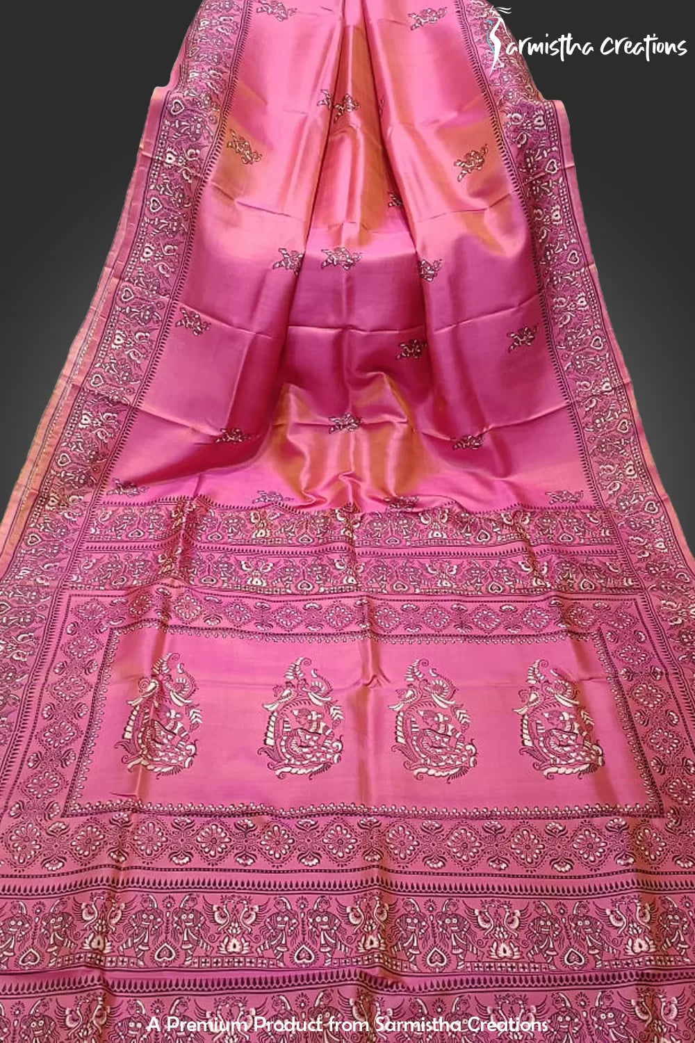Hand-Block Printed Pure Bishnupuri Katan Silk Saree image 0