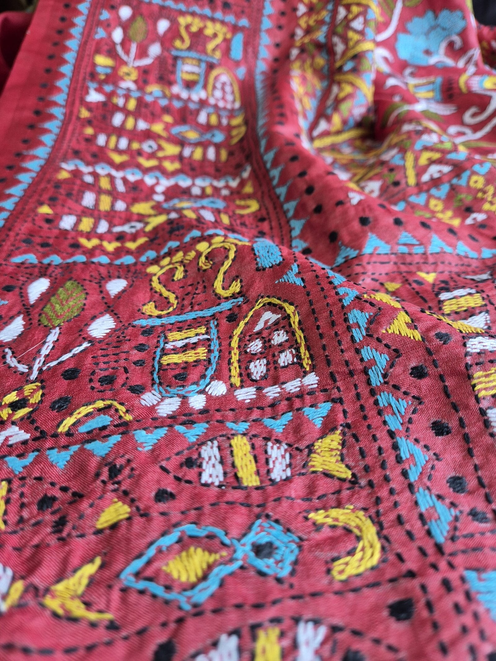Stunning Kantha Stitch Saree on Pure Tussar (Mehendi Green &amp; Red) image 3