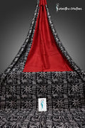 Crimson Saga – Hand-block Printed Murshidabad Silk Saree with Tribal Motifs | hbpms-022 image 0