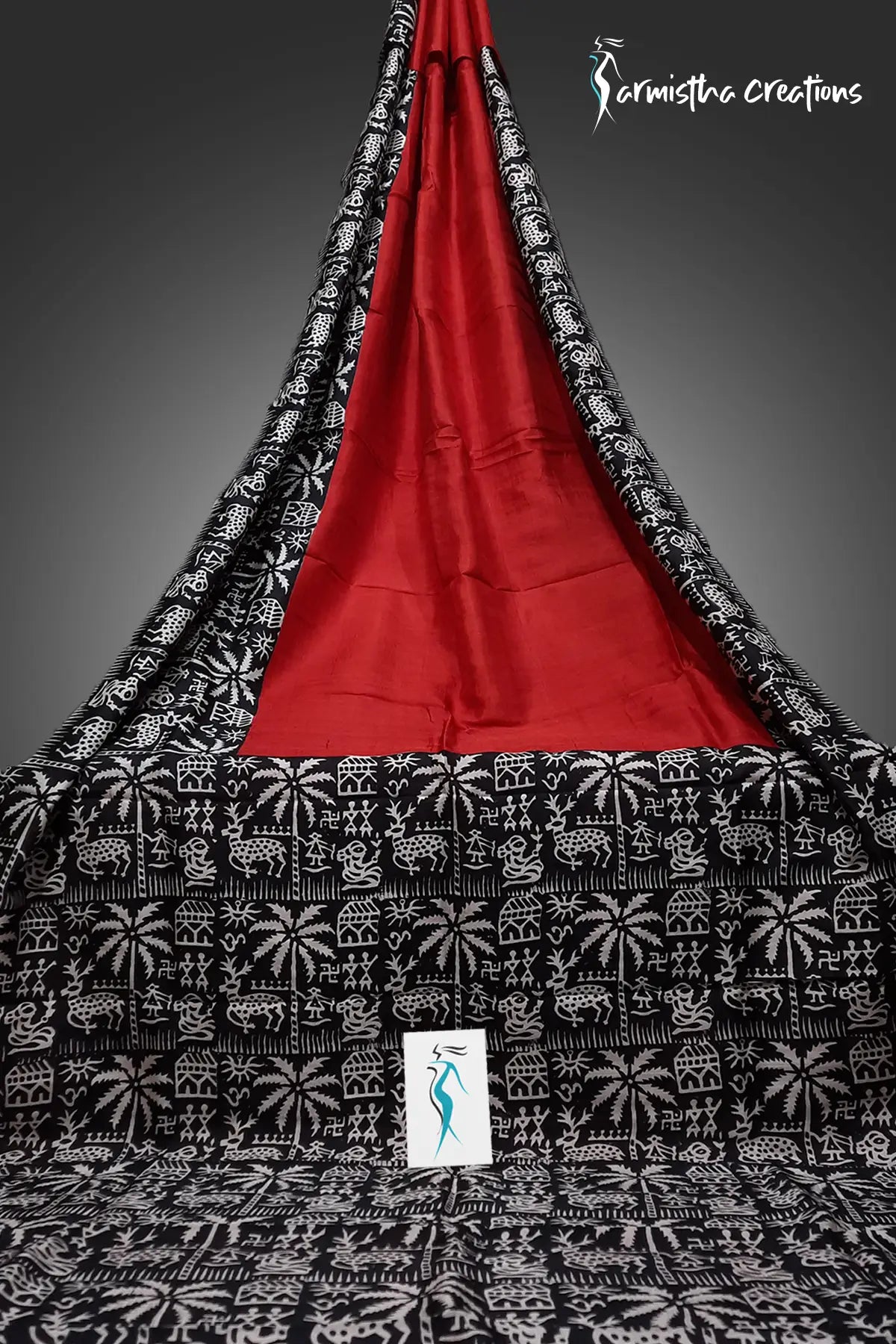 Crimson Saga – Hand-block Printed Murshidabad Silk Saree with Tribal Motifs | hbpms-022 image 0