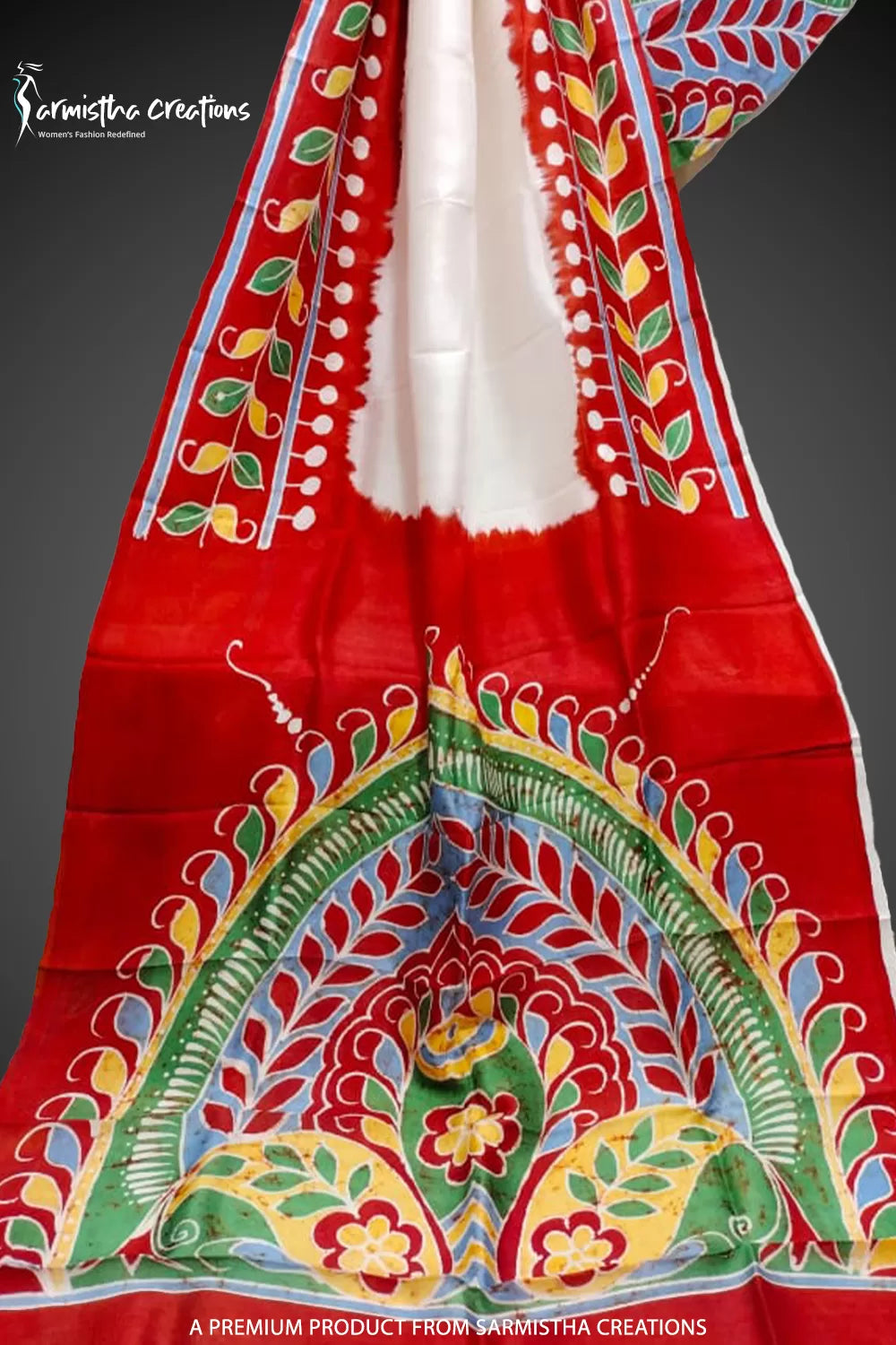 Bishnupuri Silk Saree With Hand Batik Work bssp-005 (Red-Yellow) image 2