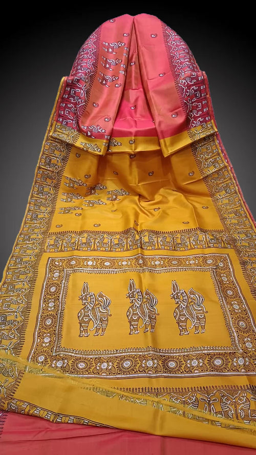 Hand-Block Printed Pure Bishnupuri Katan Silk Saree image 0
