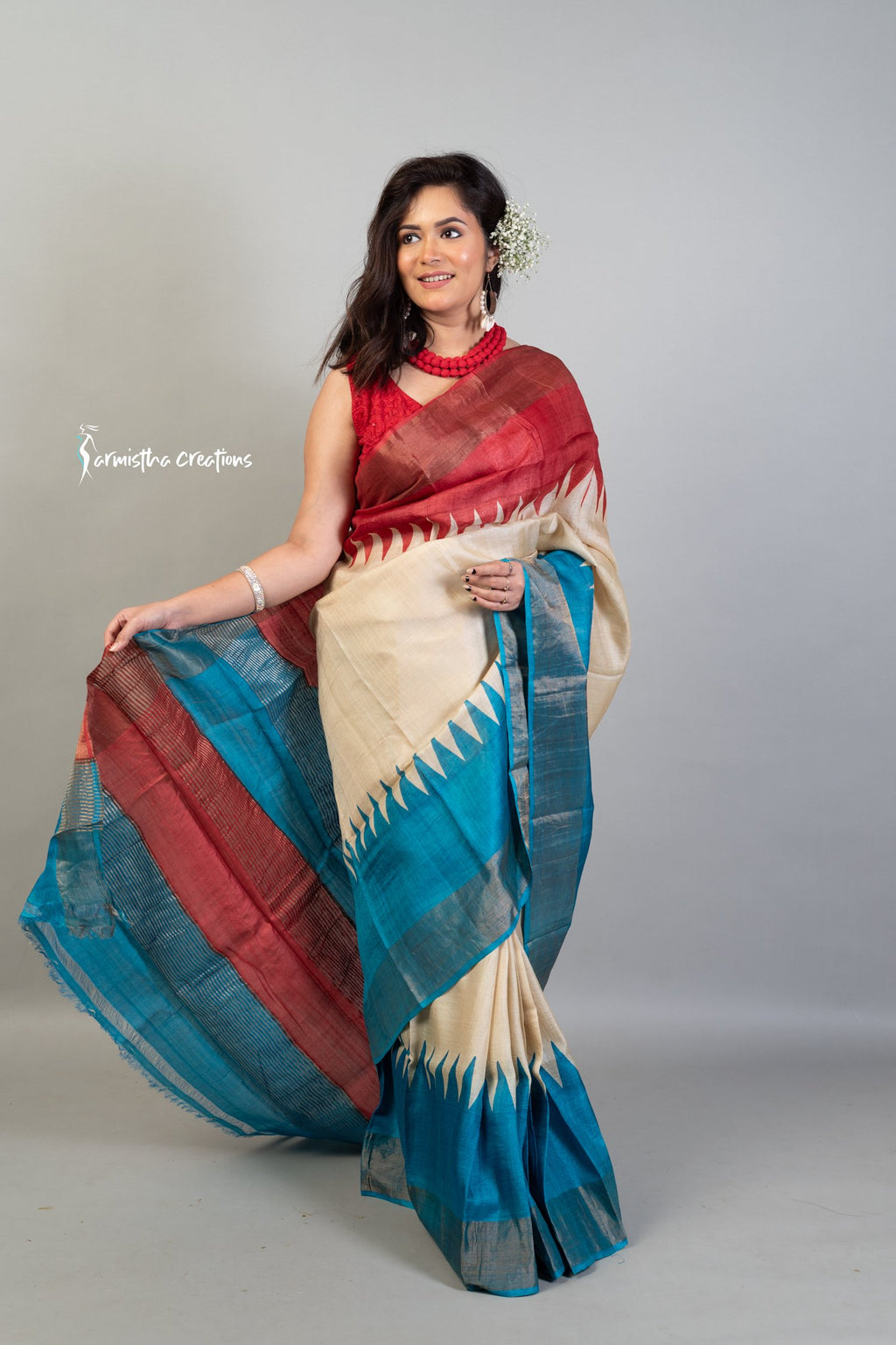 Zari Border Pure Desi Tussar Silk Saree With Hand-Block Printing dtzbhbp-071 image 1