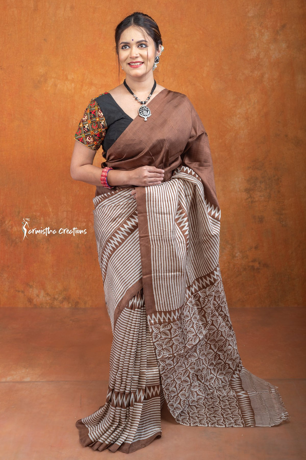 Whispers of Cocoa Earth : Hand-block Printed Murshidabad Silk Saree | hbpms-020 image 1