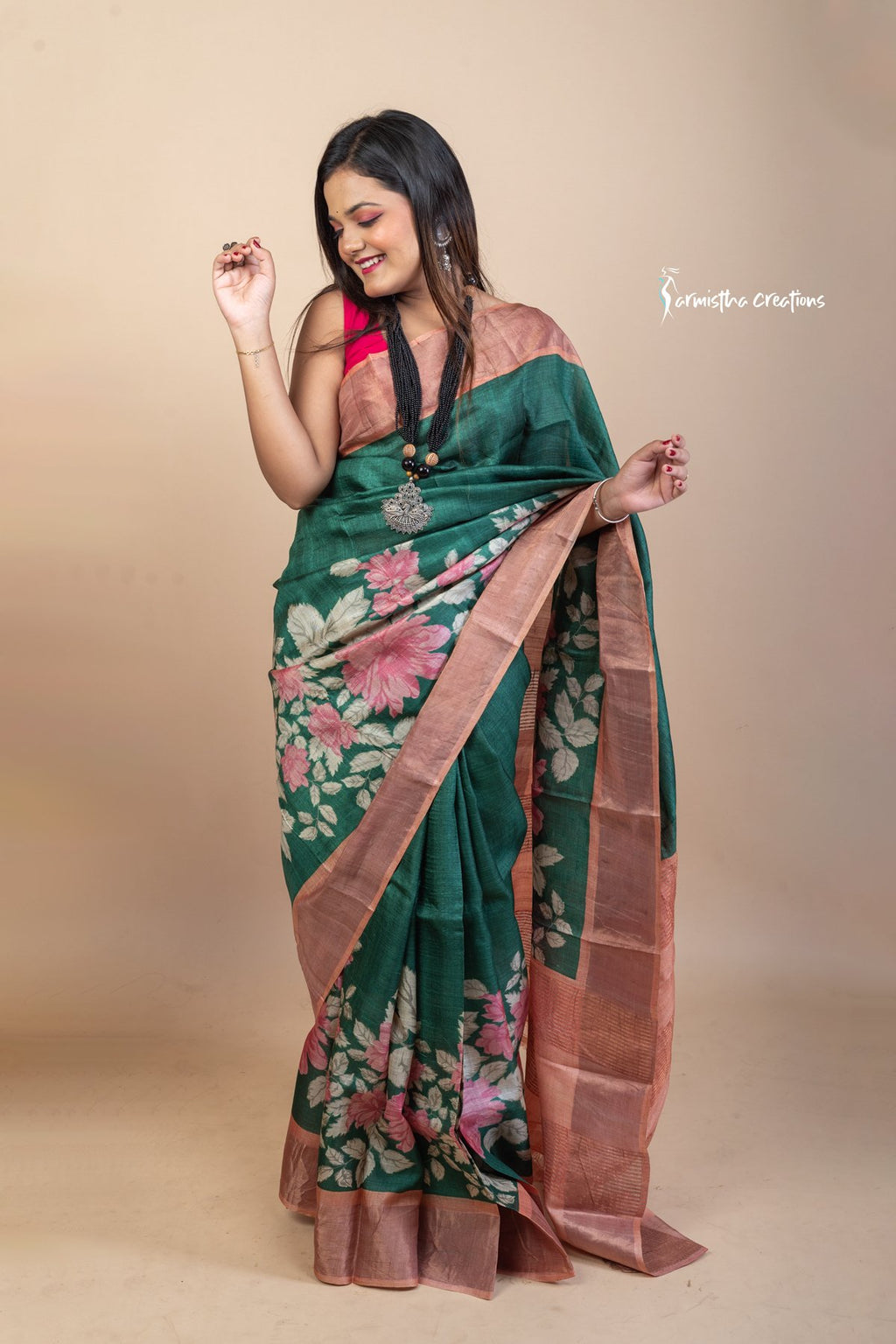 Forest Bloom – Zari Border Tussar Saree with Hand Block Prints | dtzbhbp-091 image 2