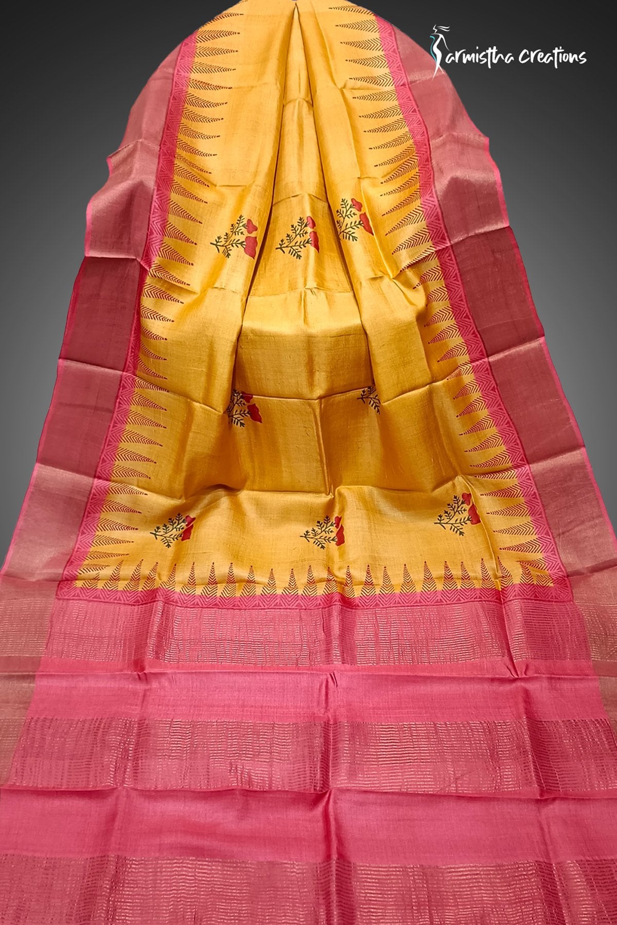 Sun-Kissed Bloom - Hand Block Printed Zari Tussar Silk Saree | dtzbhbp-123 image 0