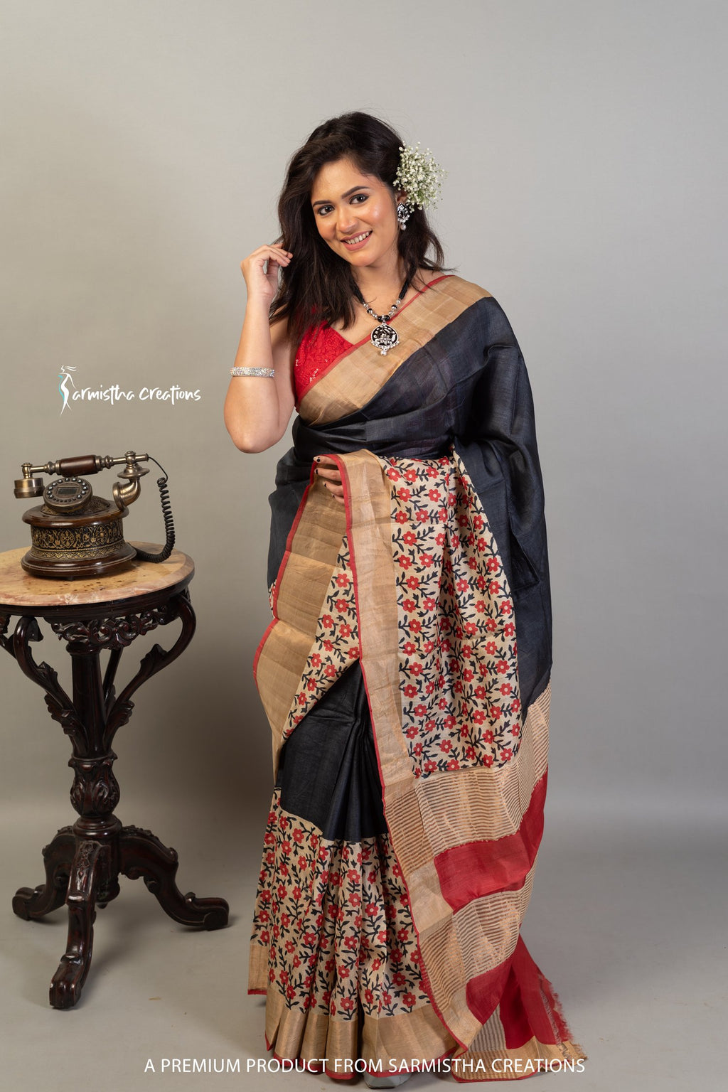 Zari Border Pure Desi Tussar Silk Saree With Hand-Block Printing dtzbhbp-018 image 2