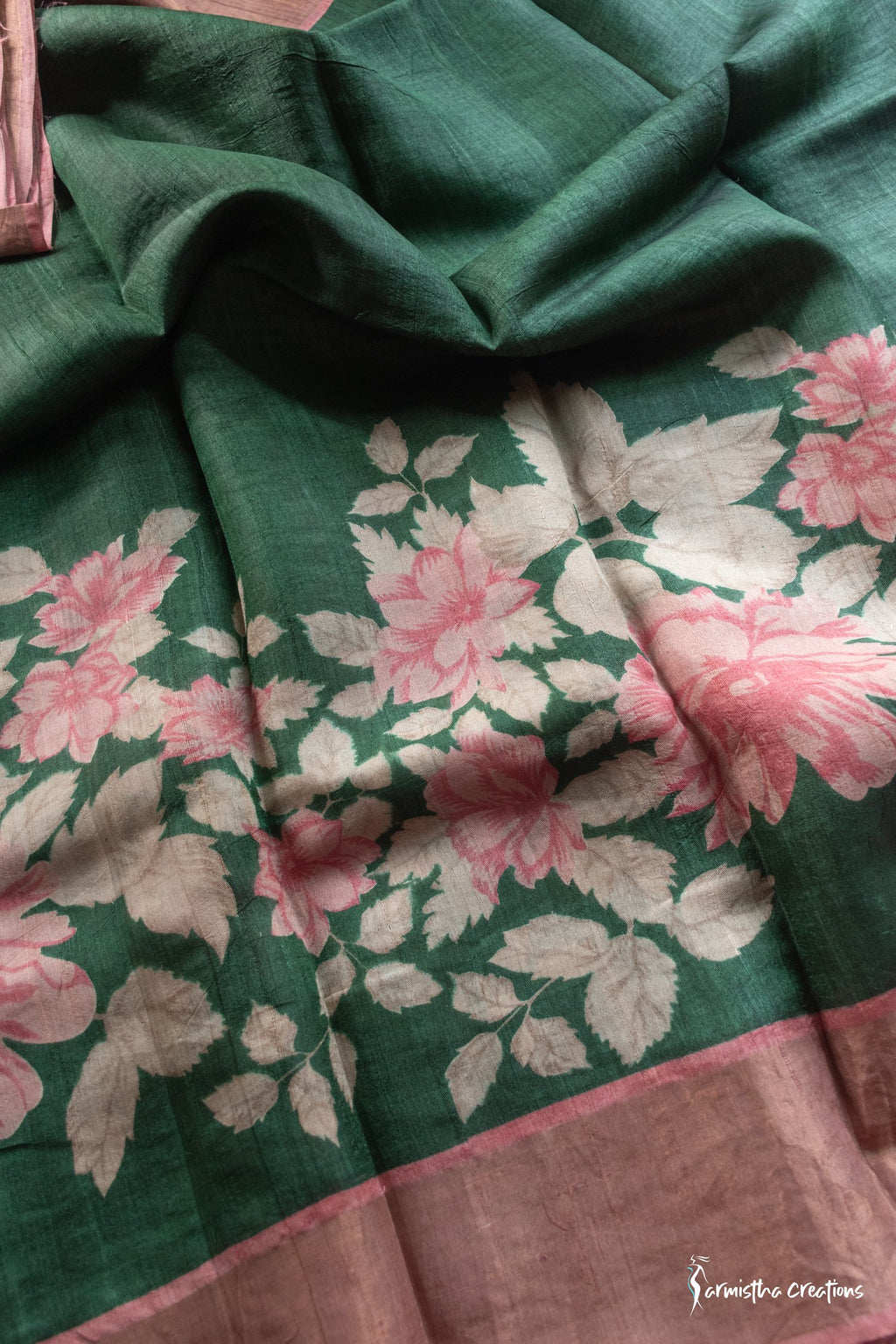 Forest Bloom – Zari Border Tussar Saree with Hand Block Prints | dtzbhbp-091 image 7