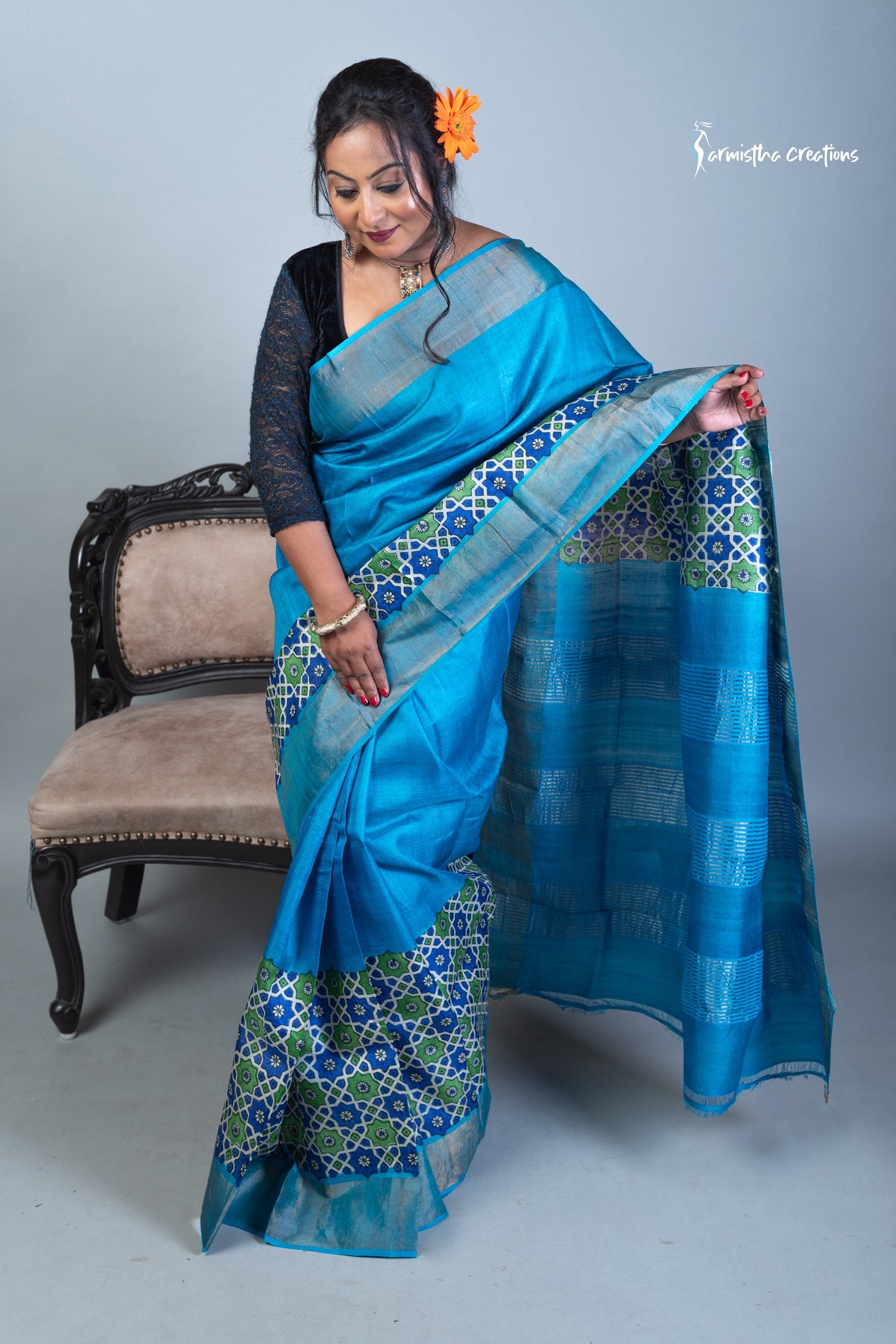 Zari Tussar Saree With Hand-Block Printing dtzbhbp-004 image 1
