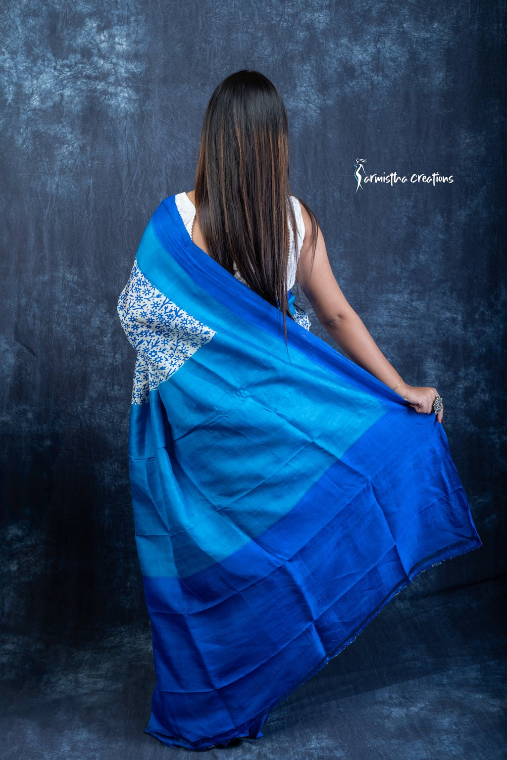 Azure Bloom &amp; Midnight Tide - Hand-block Printed Murshidabad Silk Saree | hbpms-029 image 6