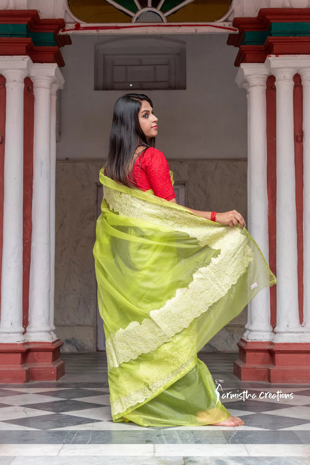 Organza Silk Saree with Embroidery work (Fluorescent Green) image 3