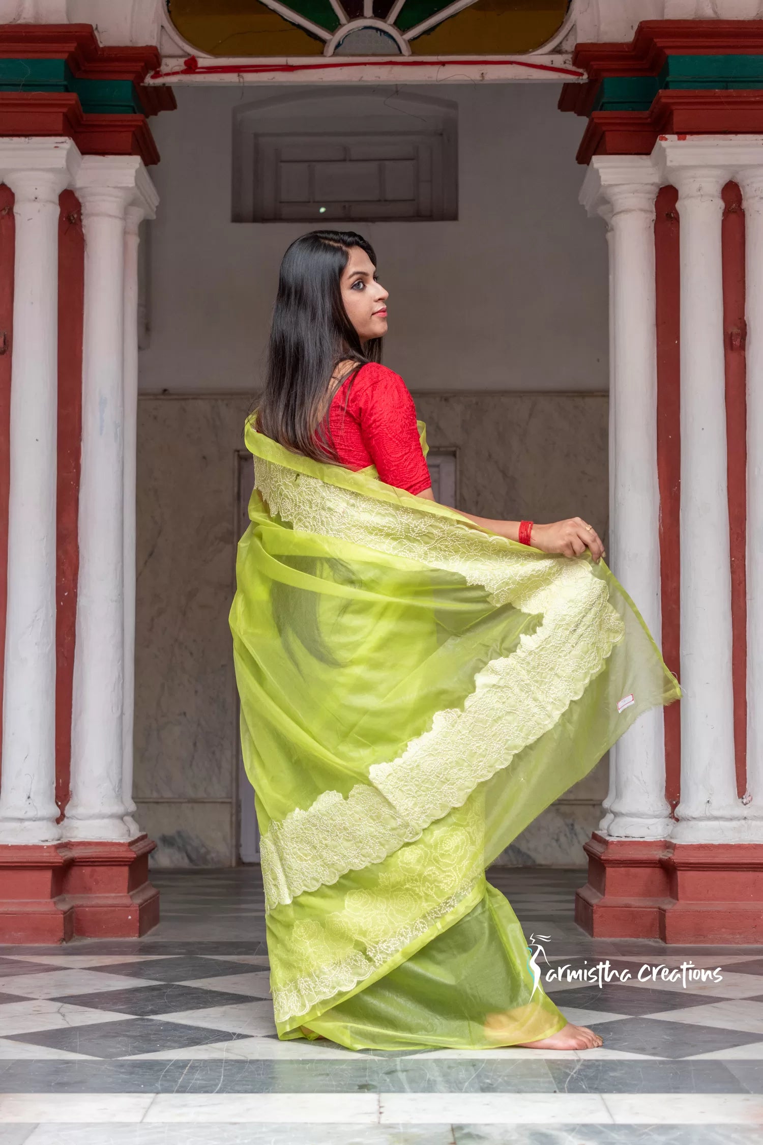 Organza Silk Saree with Embroidery work (Fluorescent Green) image 3