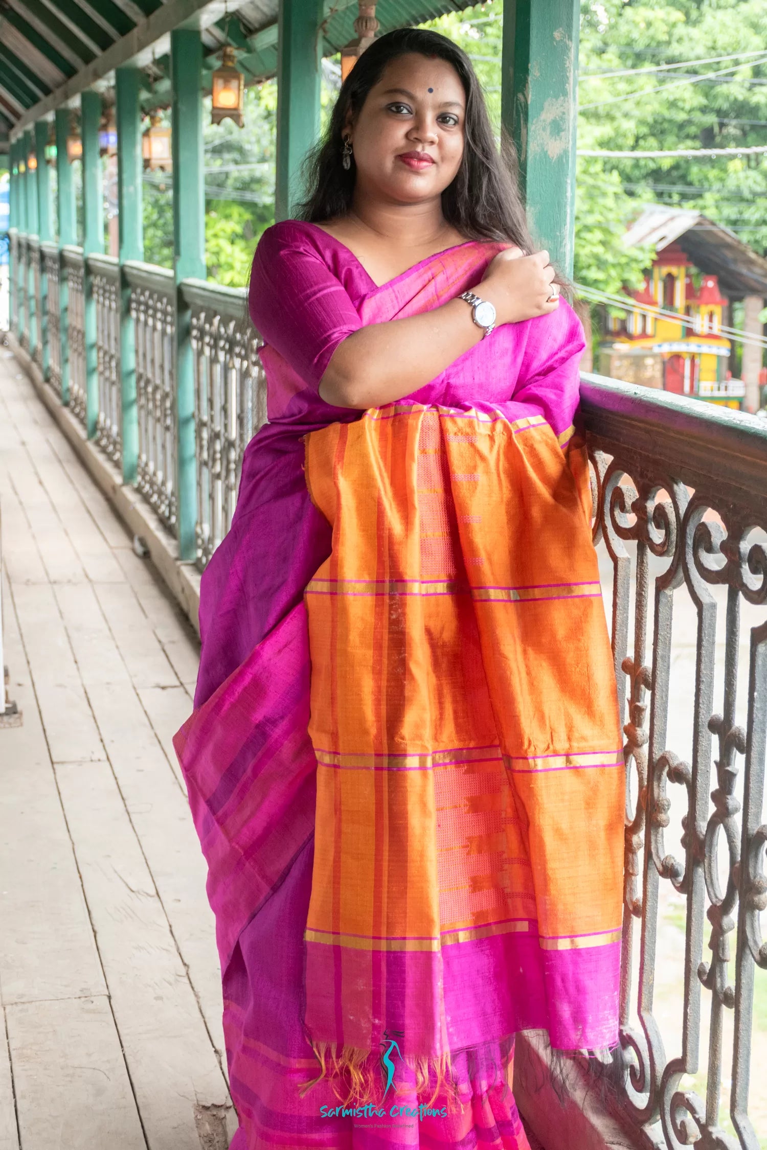 Pure Desi Tussar Silk Saree With Weaved Stripe Border (Rani-Orange) image 0