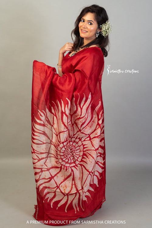 Bishnupuri Silk Saree With Hand Batik Work Crimson Red bssp-016 image 1