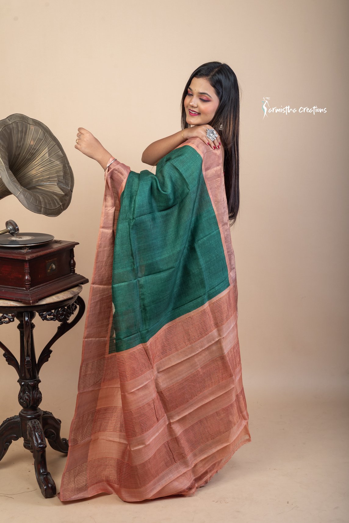 Forest Bloom – Zari Border Tussar Saree with Hand Block Prints | dtzbhbp-091 image 3