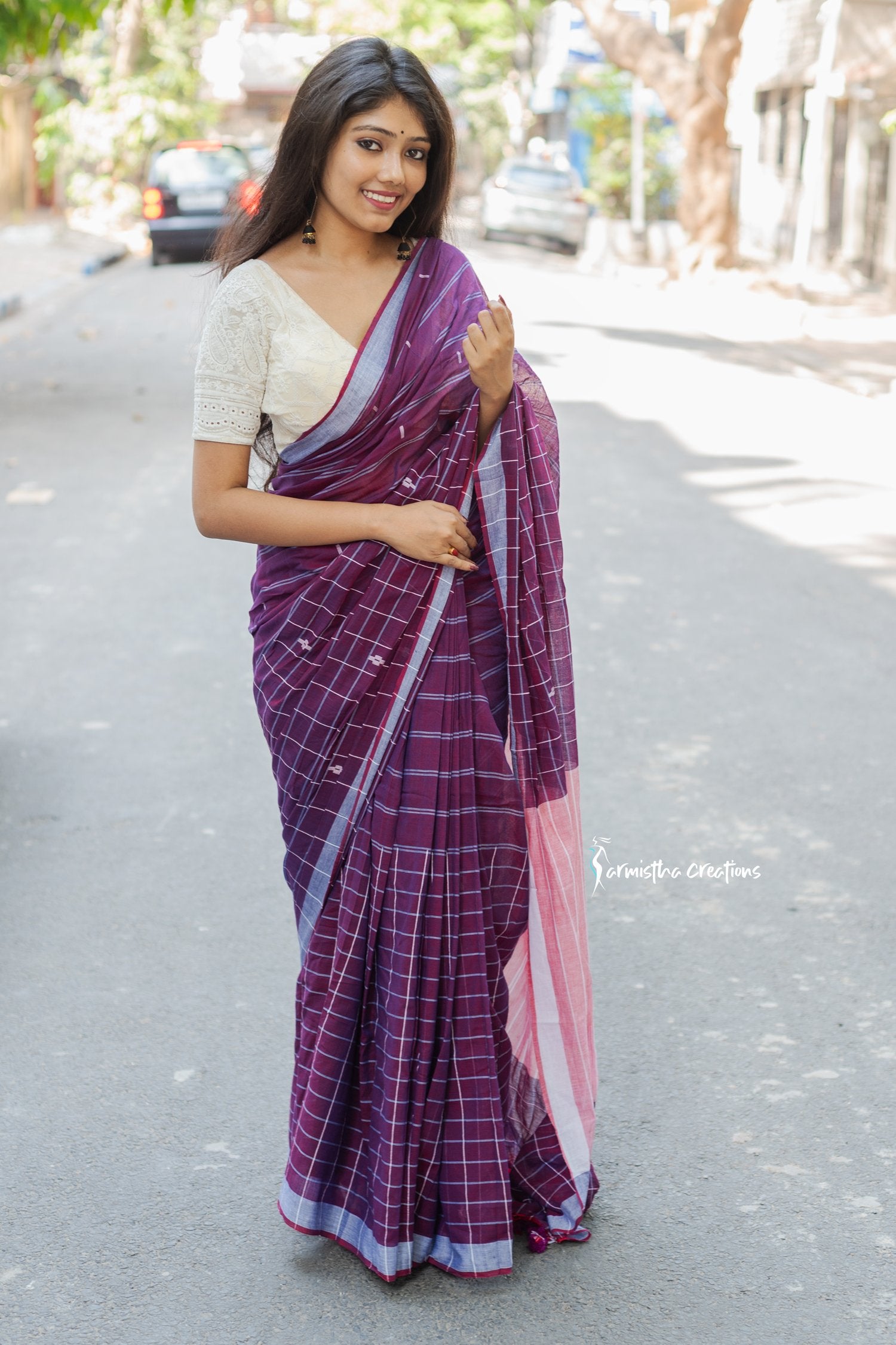 Handloom Cotton Saree with Checks and Stripes Purple image 3