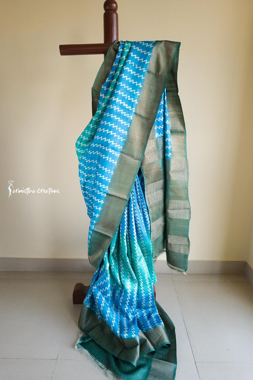Dancing Chevrons - Hand Block Printed Zari Tussar Silk Saree | dtzbhbp-125 image 0