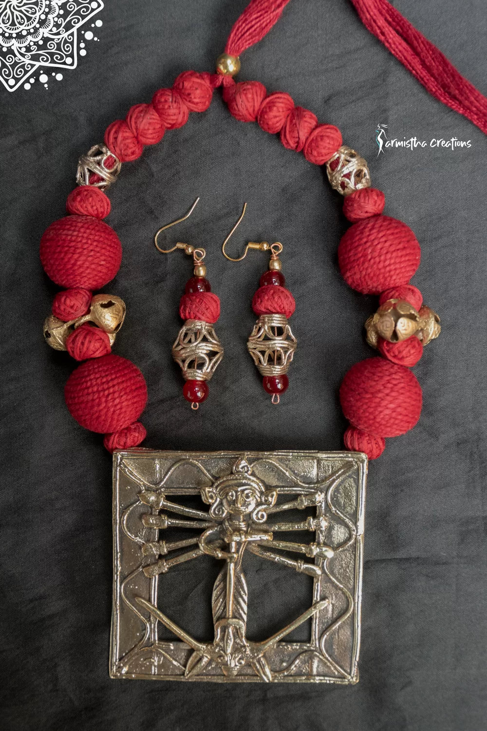 Hand-Made Dokra Durga Necklace (Square, Red) image 0
