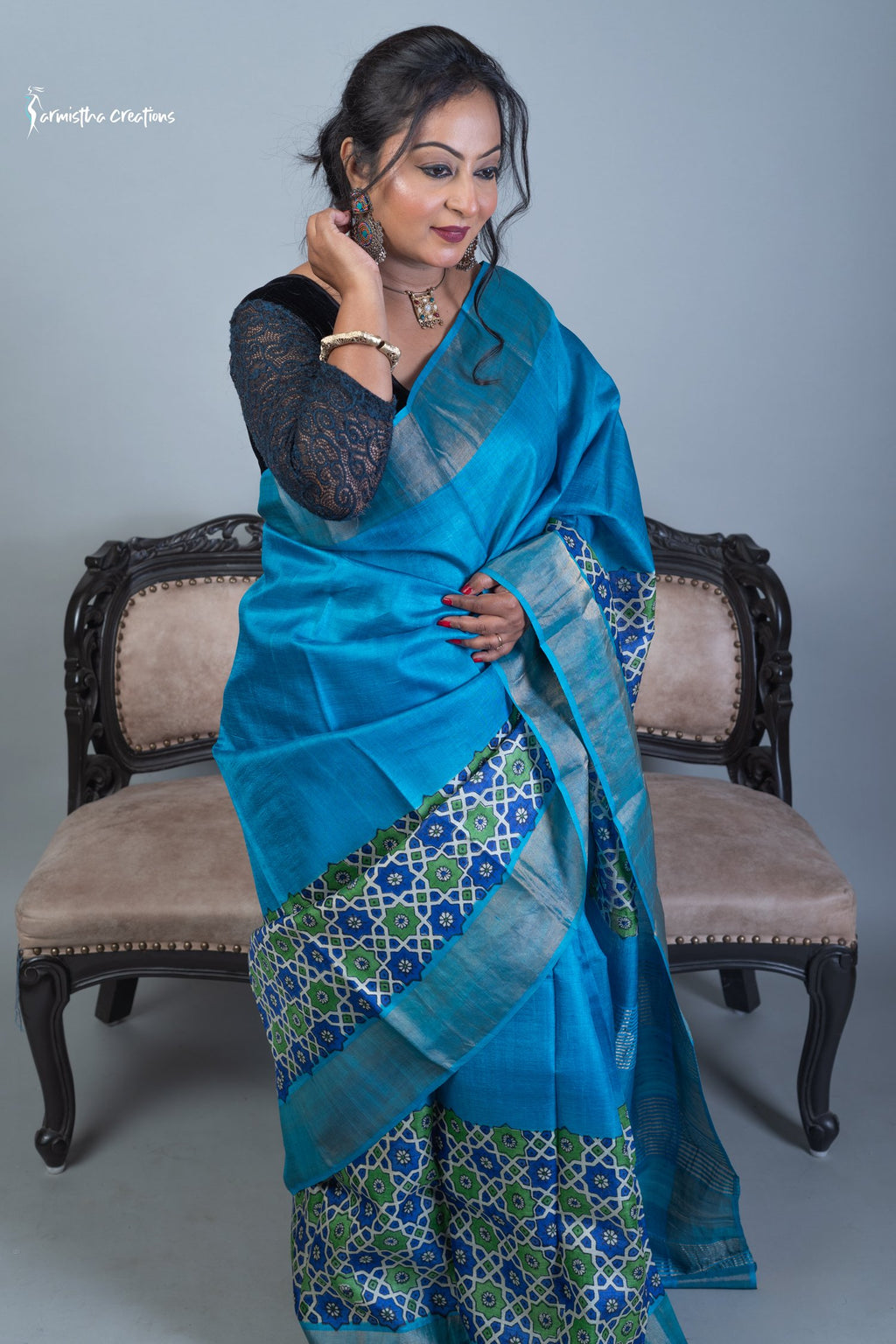 Zari Tussar Saree With Hand-Block Printing dtzbhbp-004 image 0