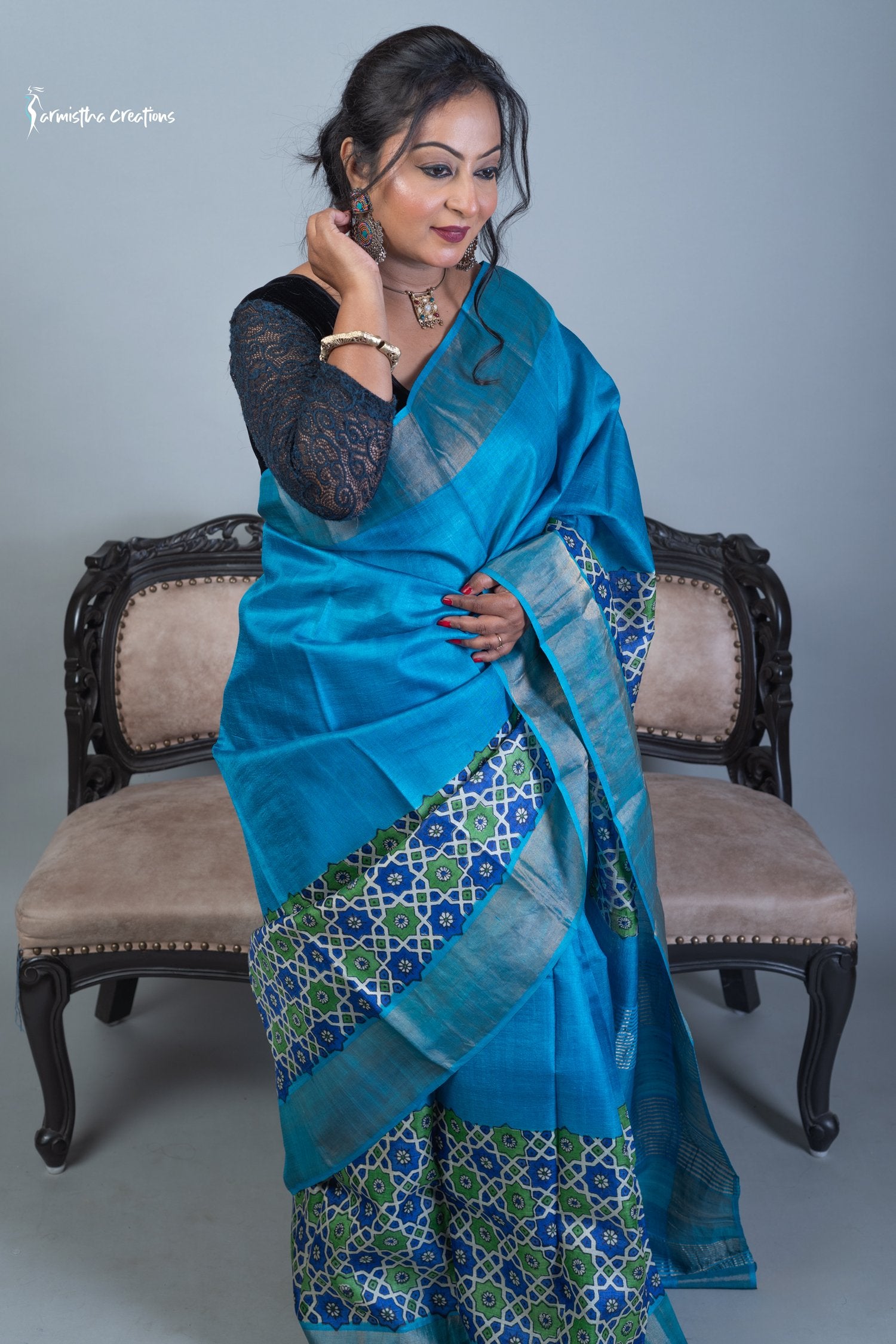 Zari Tussar Saree With Hand-Block Printing dtzbhbp-004 image 0
