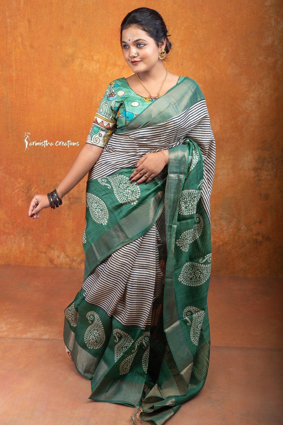 Zari Border Pure Desi Tassar Silk Saree With Hand-Block Printing dtzbhbp-043 image 3