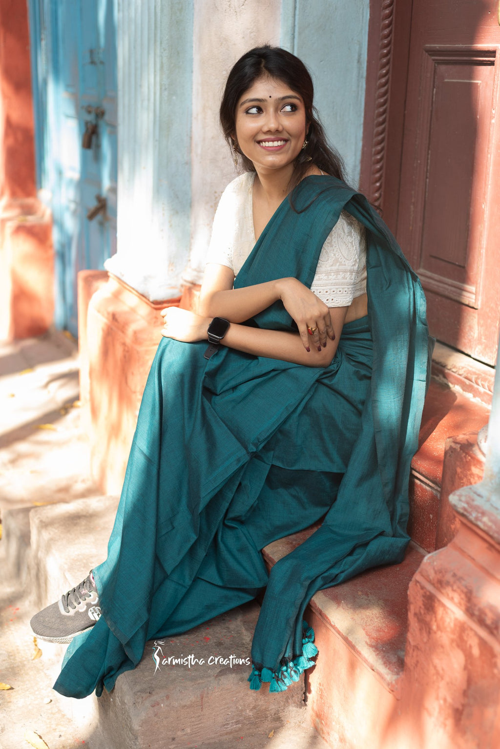 Pure Cotton Saree Peacock Green image 3