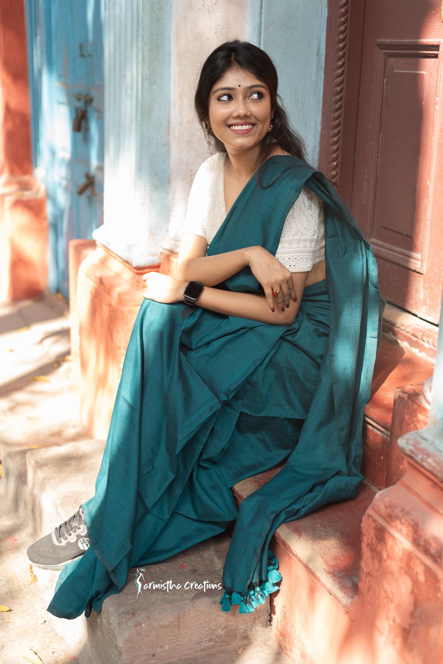 Pure Cotton Saree Peacock Green image 3