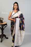 Floral Printed Tussar Saree with Chikankari Work Black ptch-002 image 0