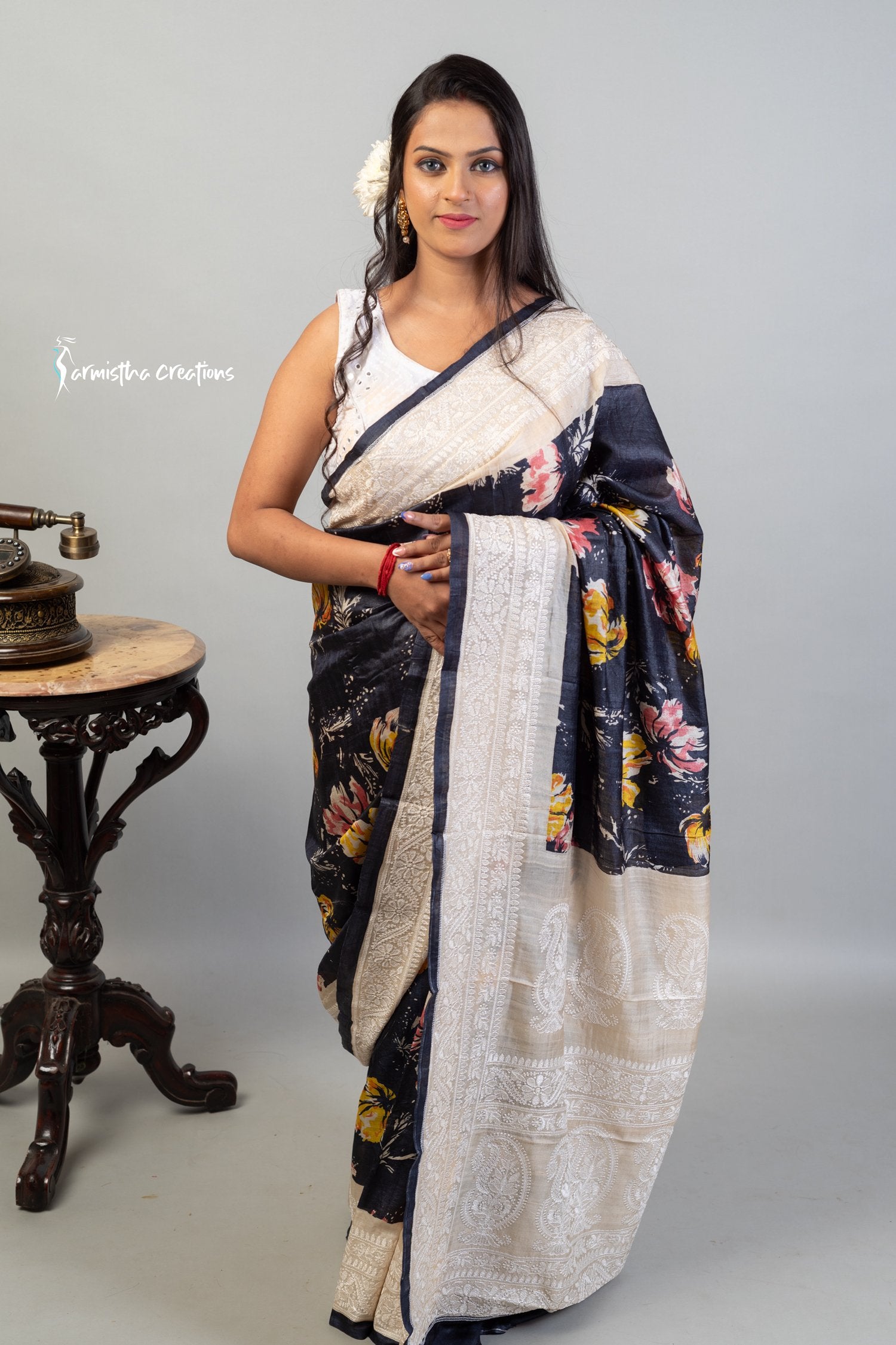 Floral Printed Tussar Saree with Chikankari Work Black ptch-002 image 0