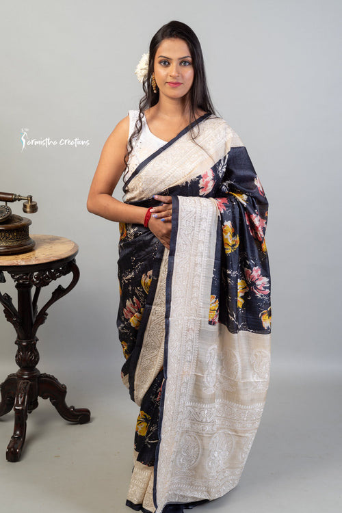 Floral Printed Tussar Saree with Chikankari Work Black ptch-002 image 0