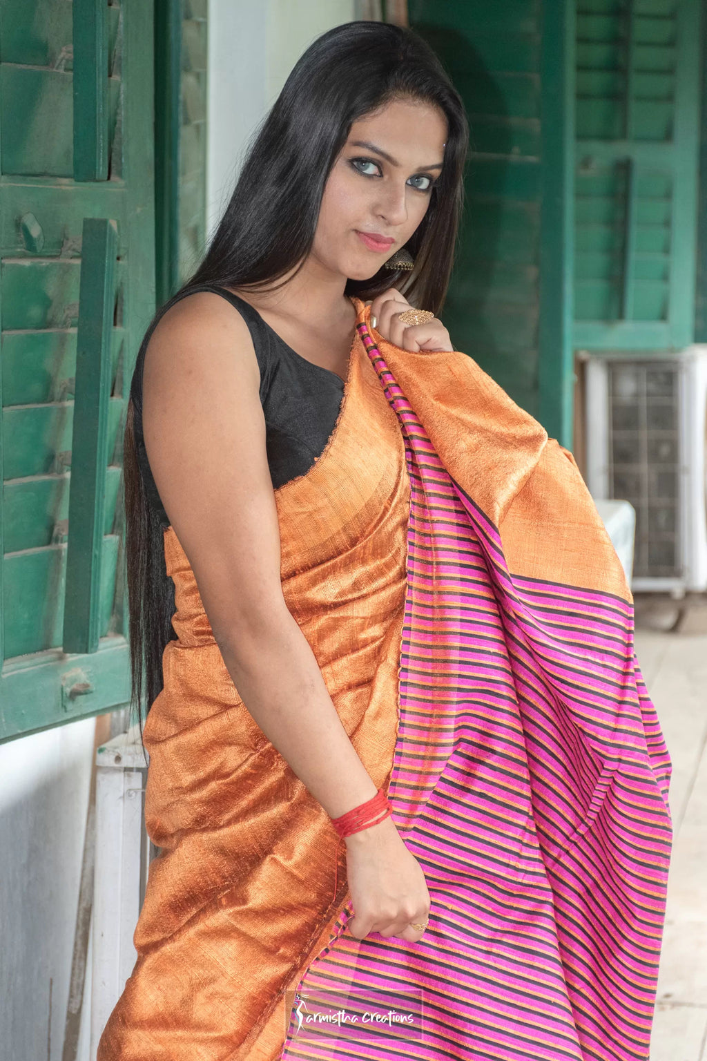 Pure Desi Tussar Silk Saree With Weaved Stripe Border (Orange with Pink & Black image 3
