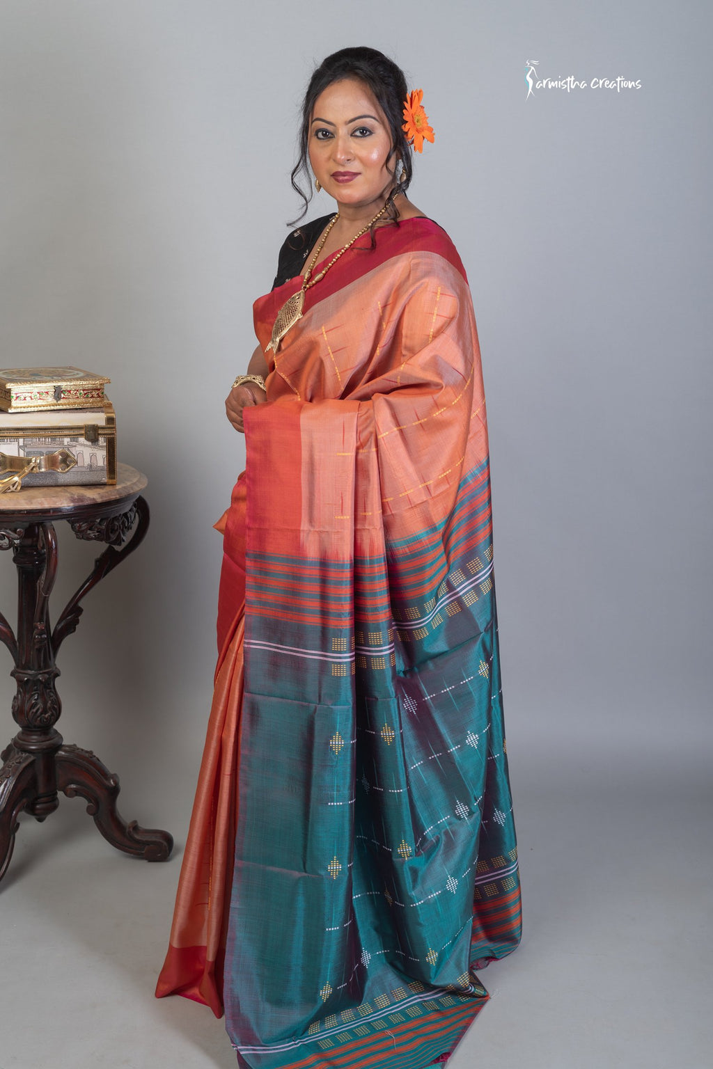 Bishnupuri Katan (Peach and midnight green) image 1