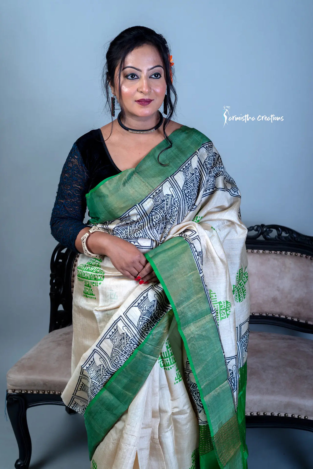 Zari Border Pure Desi Tussar Silk Saree With Hand-Block Printing dtzbhbp-065 image 1